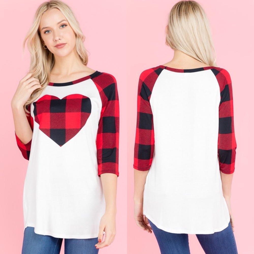 Valentines Day Plaid Heart 3/4 Sleeve Raglan Top